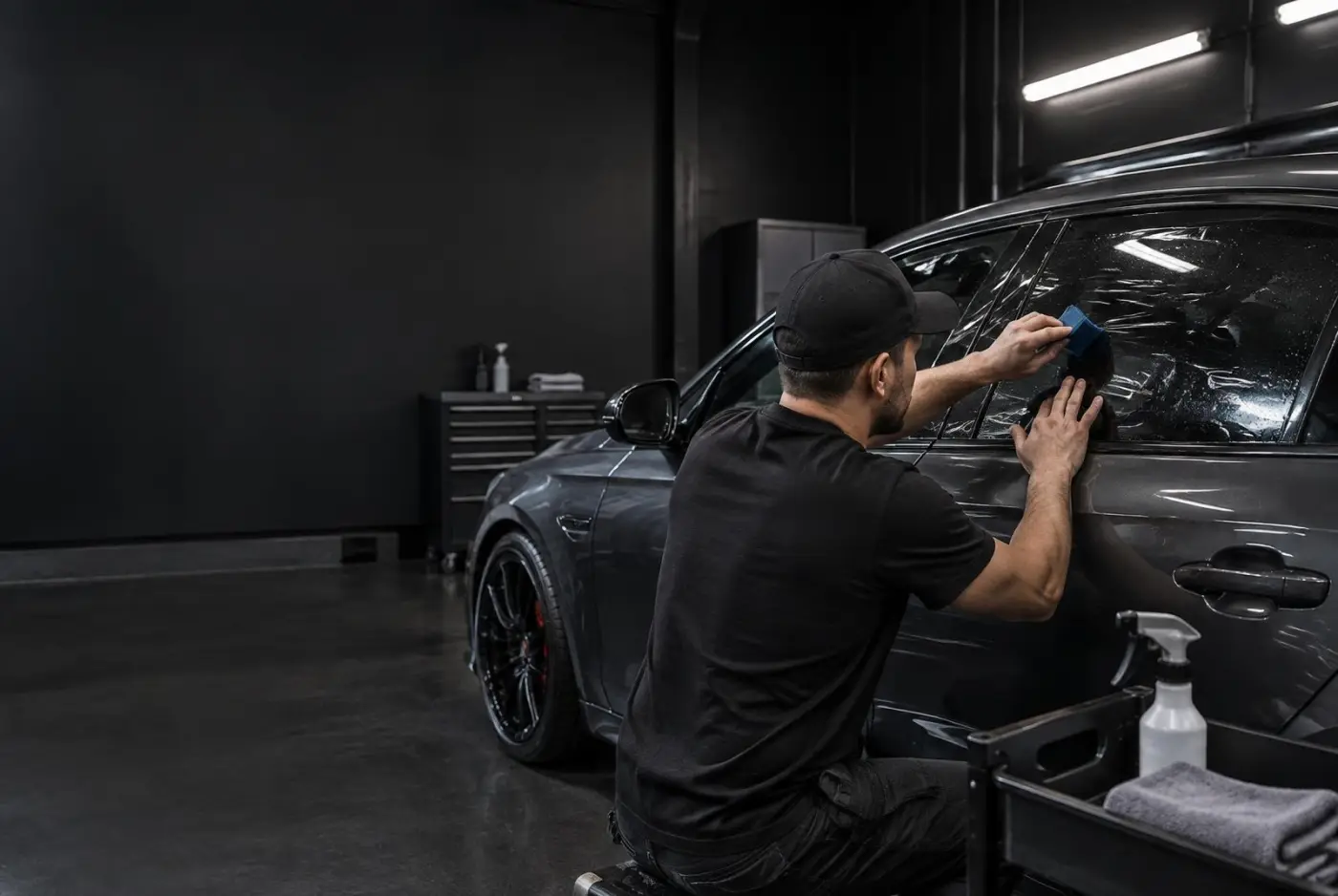 Relentless Wraps CT installer applying window film